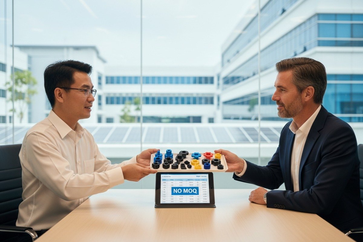 Professional manager inspecting sample tray parts from a reliable low-volume injection molding supplier (ID#2)