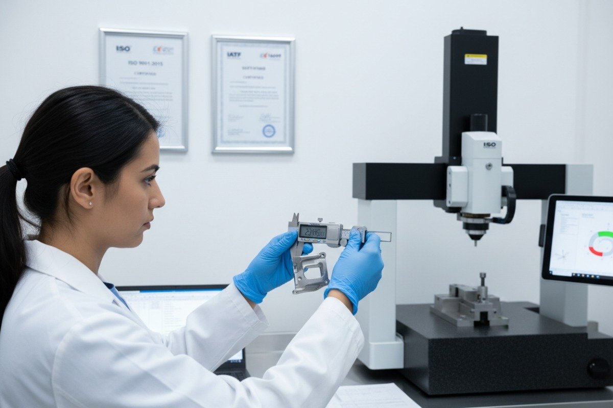 Quality engineer verifying ISO certifications and auditable processes for custom metal stamping manufacturing (ID#2)