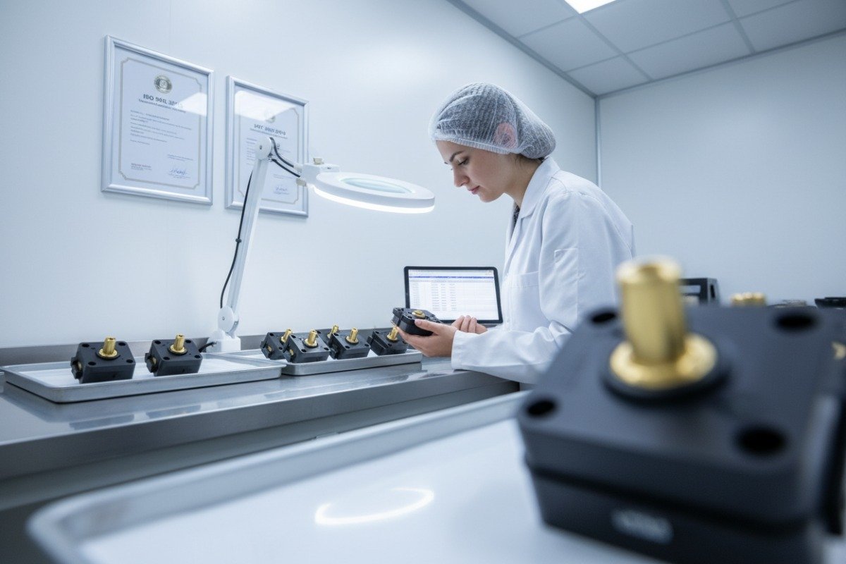 Quality technician verifying industrial standards and certifications for automotive and medical insert molding. (ID#2)