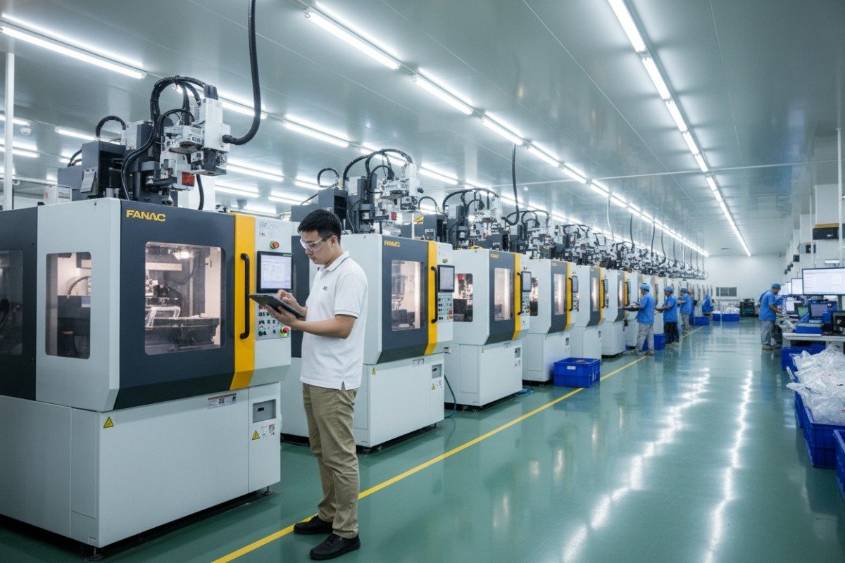 Wide angle view of a white injection molding factory verifying production capacity and legitimacy (ID#2)