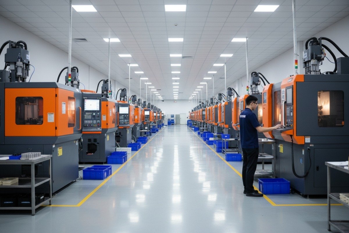 Evaluating Injection Molding Partners Modern injection molding production facility showing technical capabilities and machine tonnage for evaluating partners (ID#2)