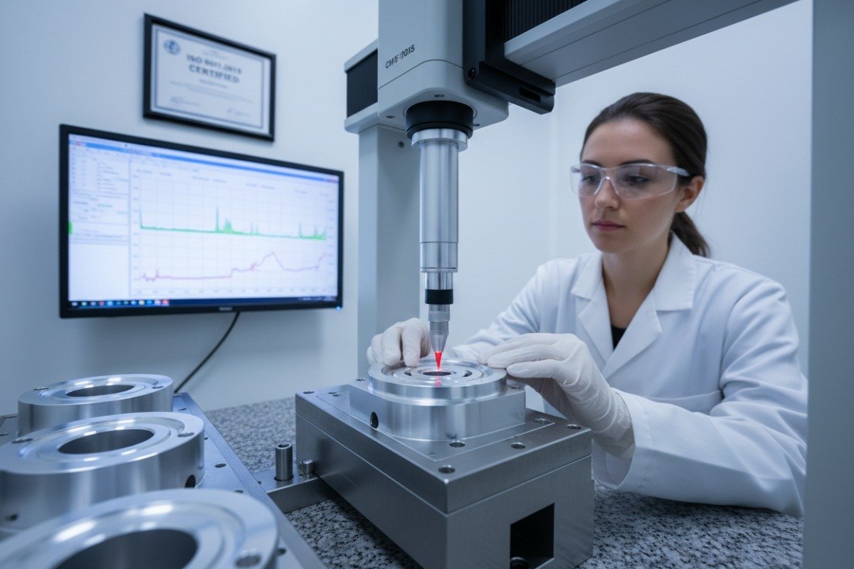 Quality Certifications and Standards Quality control technician using CMM in laboratory to verify metal stamping certifications (ID#3)