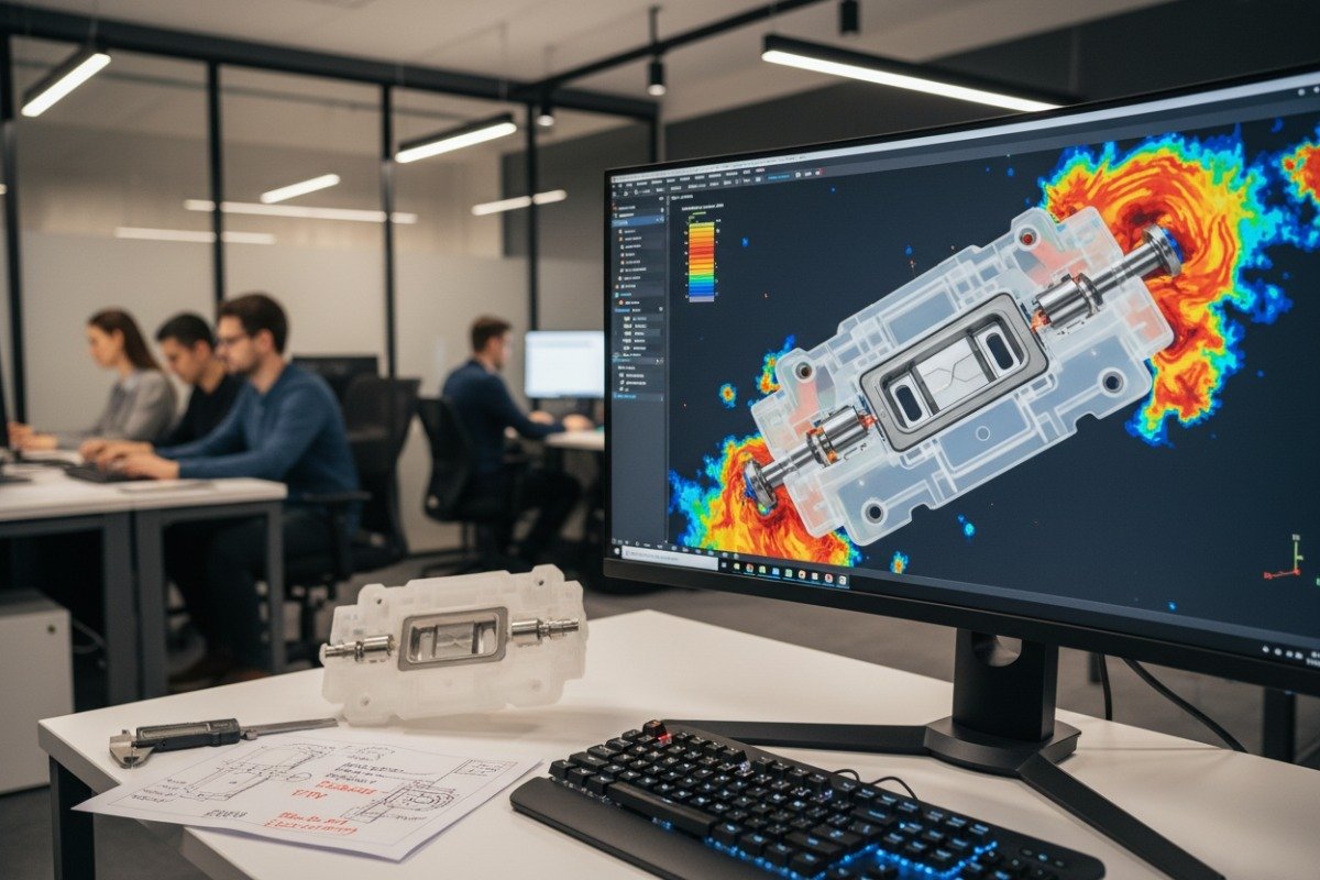 Engineering office performing DFM analysis and Moldflow simulation for technical insert molding projects. (ID#3)