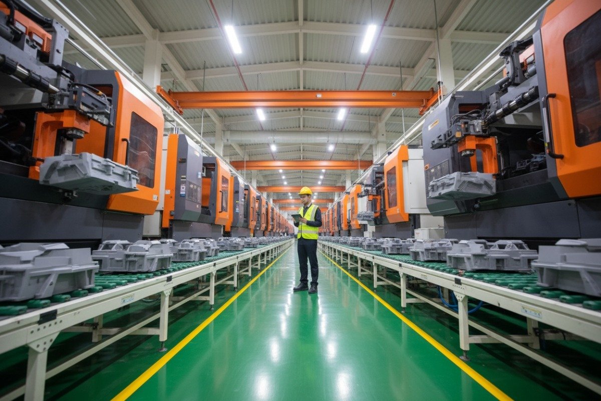 Manufacturing Equipment and Capacity Massive industrial injection molding machine on factory floor showing production capacity and equipment scale (ID#3)
