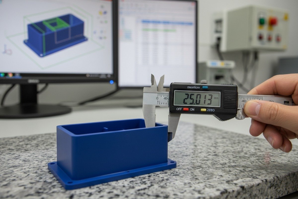 Macro view of precision digital caliper measuring plastic parts for quality control standards (ID#3)