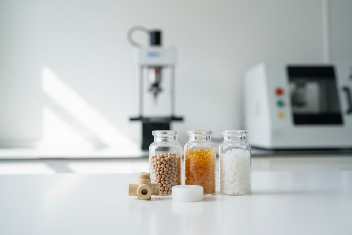 Laboratory sample of PEEK pellets used for dimensionally stable precision plastic parts (ID#3)