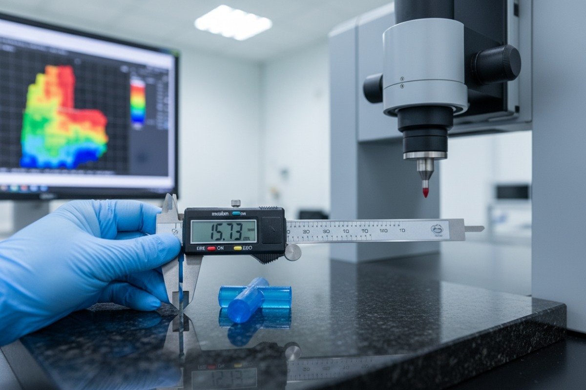 Ensuring Molded Part Quality Quality control inspection of plastic parts using digital calipers for dimensional accuracy (ID#3)