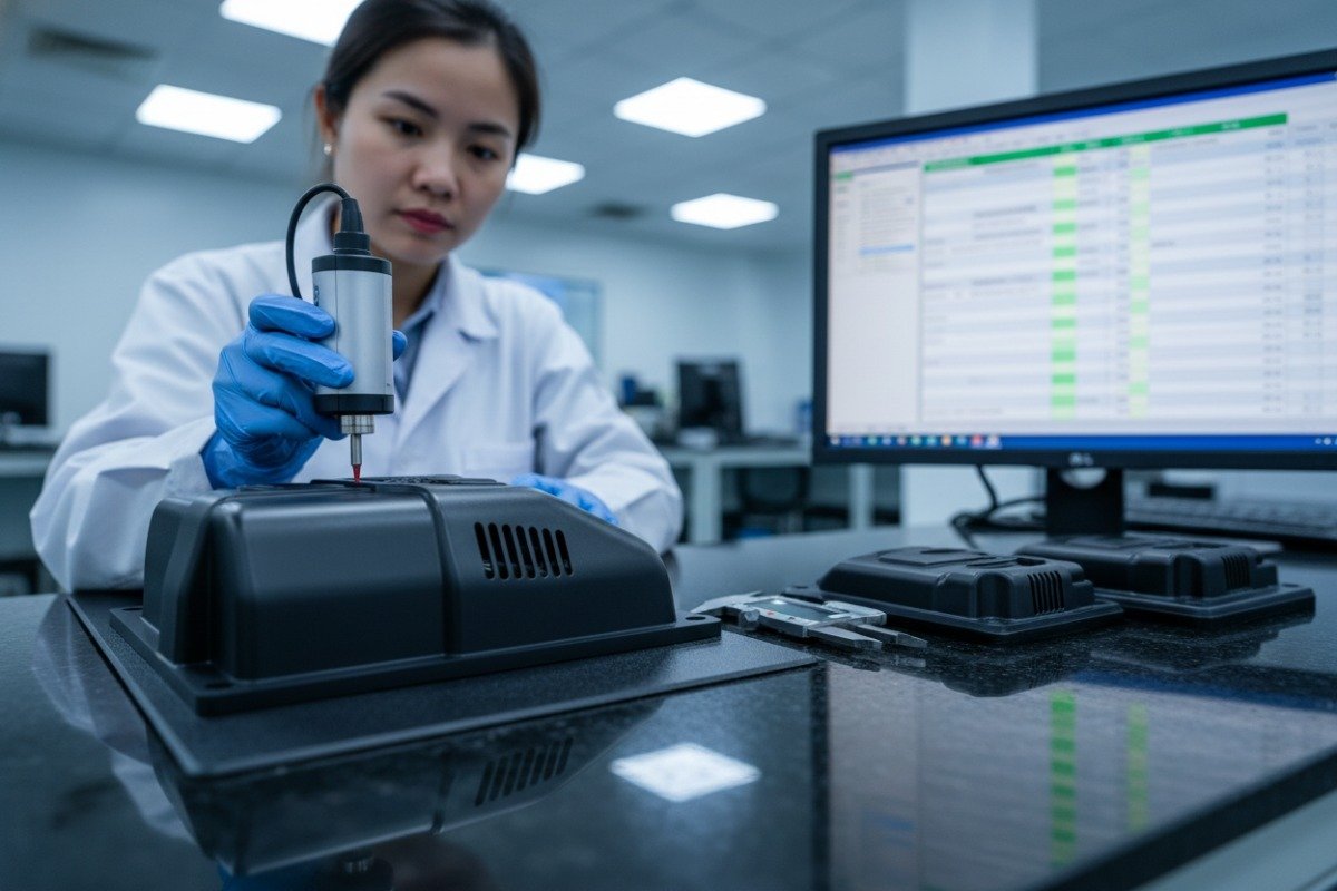 Detailed inspection of custom plastic parts using high-tech probes for quality control standards (ID#3)