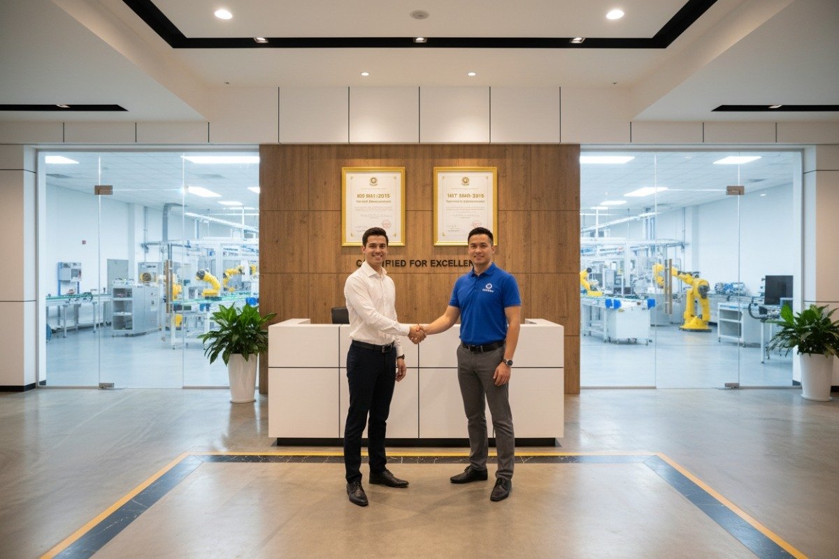 Professional ISO and IATF certifications displayed in a modern corporate manufacturing facility (ID#3)