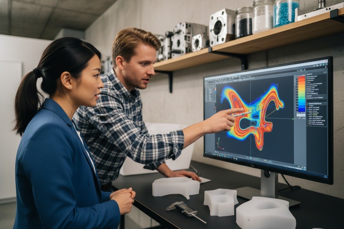 Verifying Technical Expertise Professional engineers performing mold flow analysis and DFM simulation for technical expertise verification (ID#3)