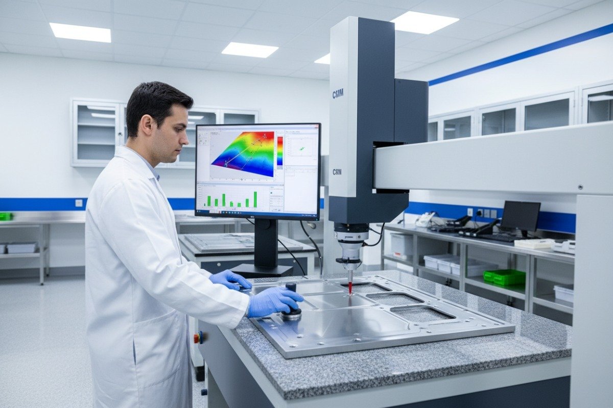 Quality control laboratory probe inspecting metal parts for custom stamping supplier compliance (ID#3)