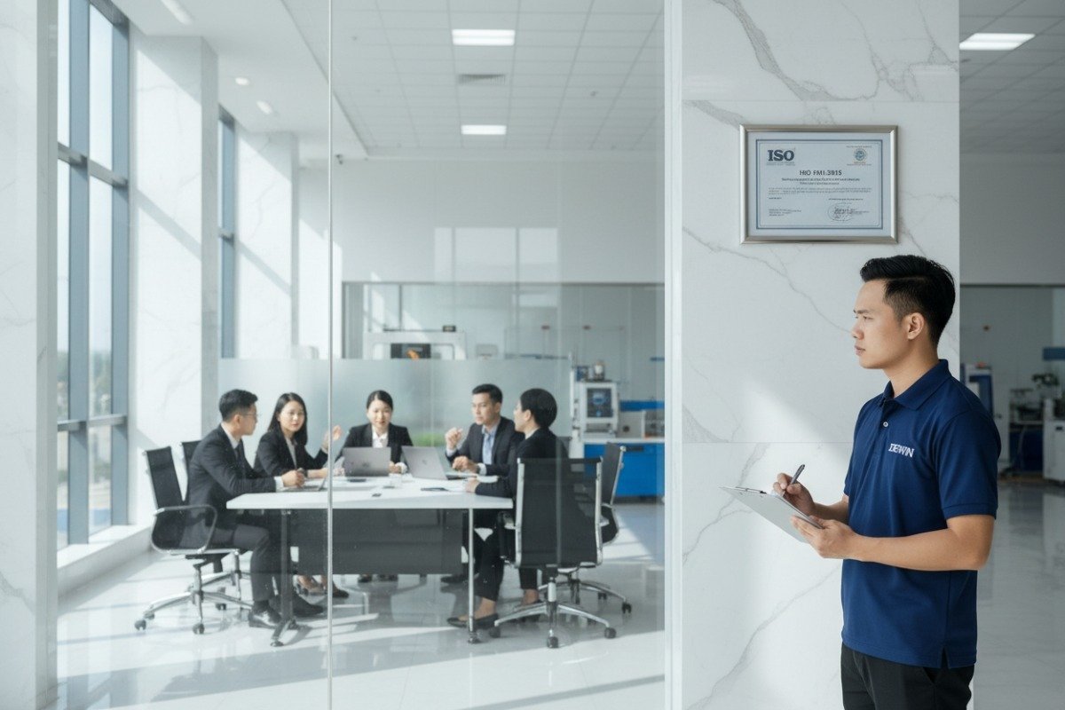 Quality inspector auditing a budget-friendly CNC machining partner for ISO certifications and reliability (ID#3)