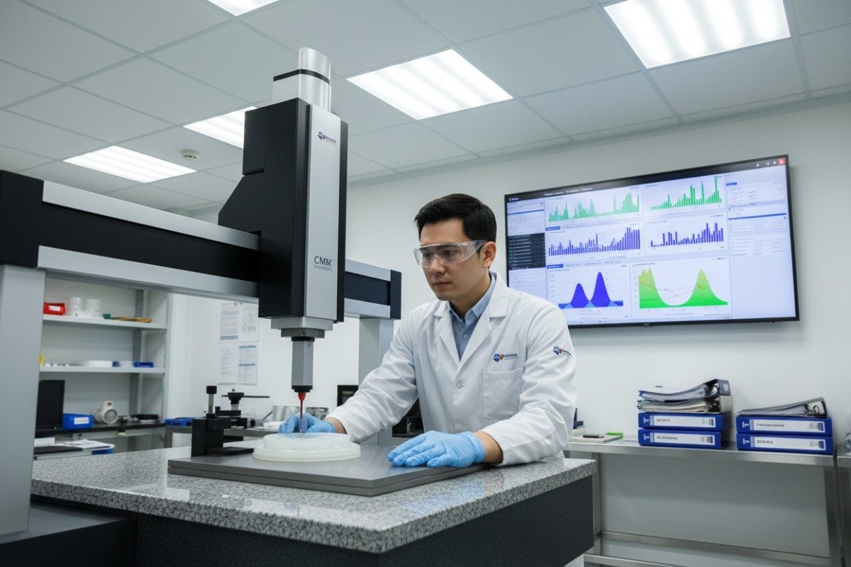 Professional quality control measuring silicone parts using CMM for manufacturing process verification (ID#3)