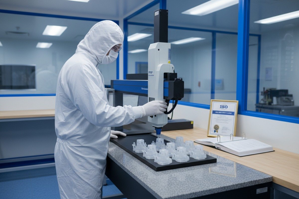 Quality control engineer inspecting overmolded parts in a cleanroom to verify tolerance requirements (ID#3)
