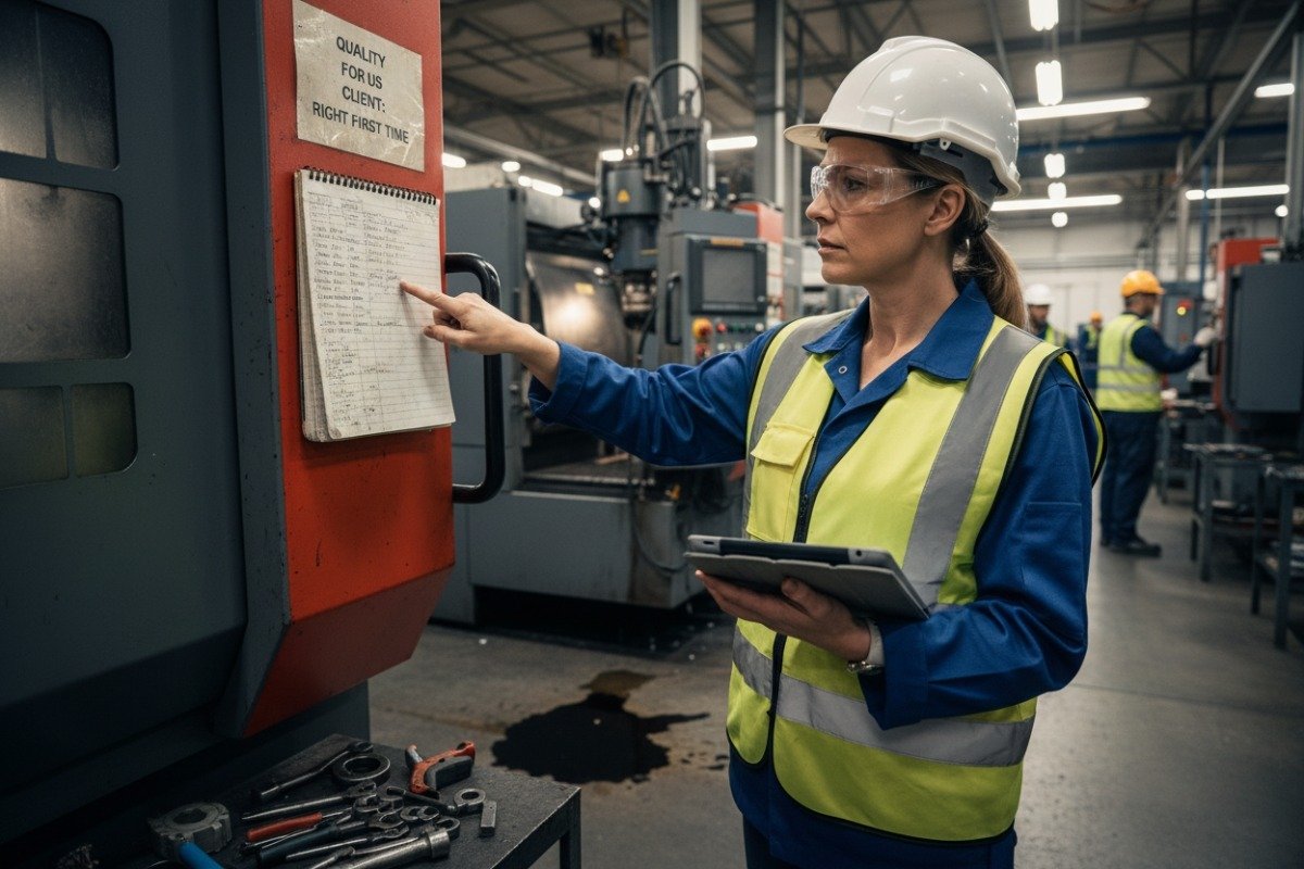 Vetting Manufacturing Partners Auditor conducting a factory floor inspection to vet potential manufacturing partners for red flags (ID#4)