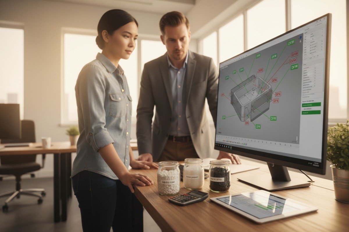 Lowering Injection Molding Costs Engineers collaborating in a bright office to optimize part design and lower manufacturing costs (ID#4)