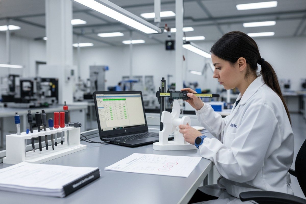 Poste de contrôle qualité effectuant une inspection dimensionnelle et une surveillance des matériaux pour la fabrication de petites séries (ID#4)