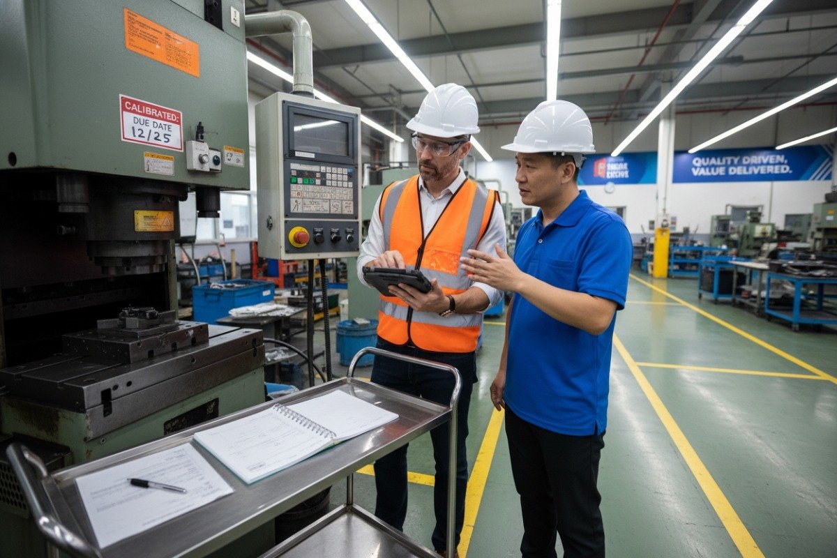 Professional factory audit verifying safety and quality procedures to avoid stamping partner red flags (ID#4)