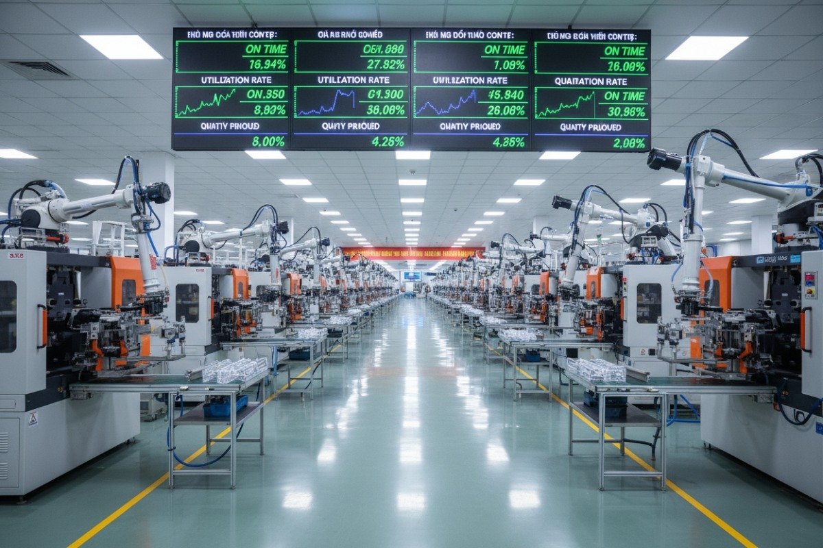 Vista de gran angular de la planta de moldeo por inyección evaluando la capacidad de producción y los tiempos de entrega (ID#4)