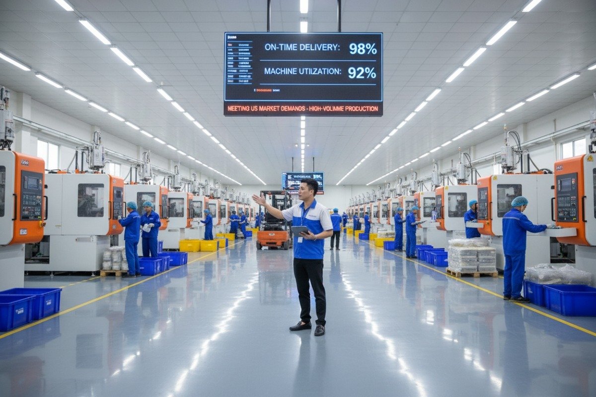 High capacity injection molding production floor meeting strict deadlines and volume requirements. (ID#4)