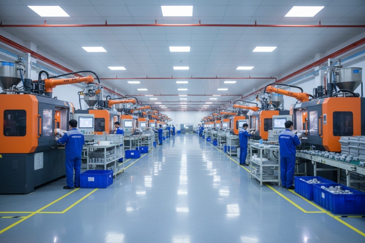 Modern industrial facility showing high-capacity injection molding machines for large scale overmolding production (ID#4)