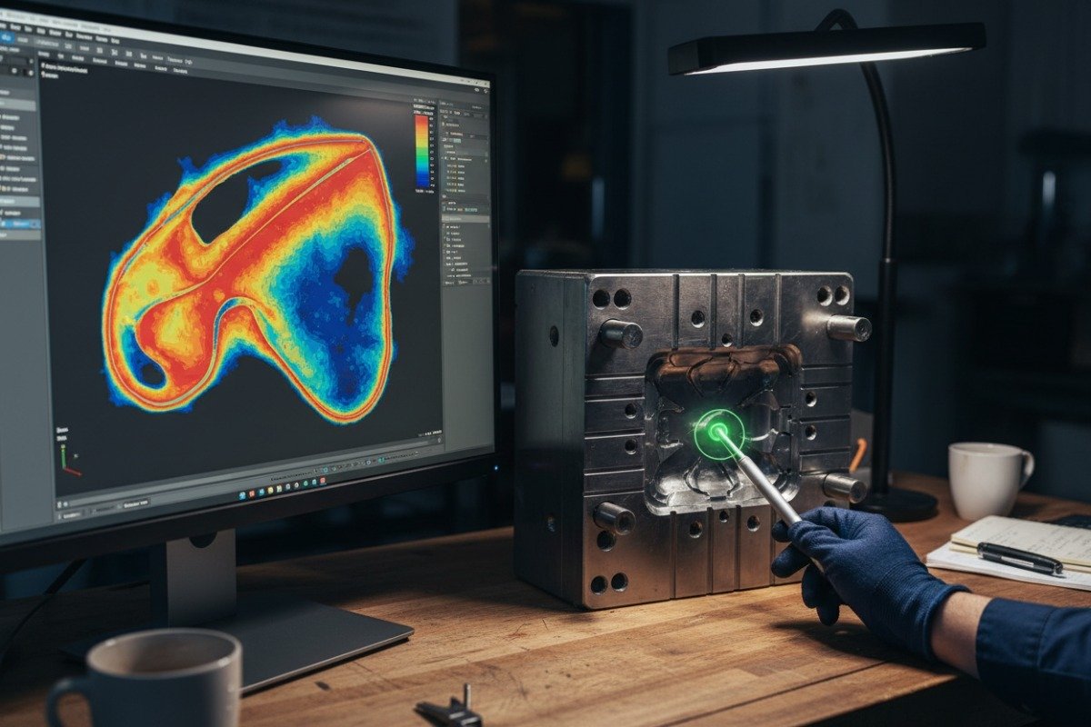 Assessing Technical Project Complexity Engineering workstation displaying complex steel mold design and flow analysis for technical project assessment (ID#4)