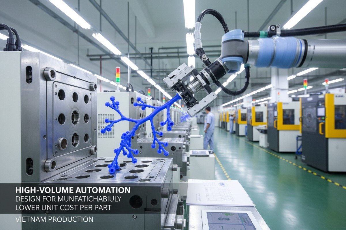 Automated robotic arm handling silicone mold cavities to increase efficiency and reduce production costs (ID#4)