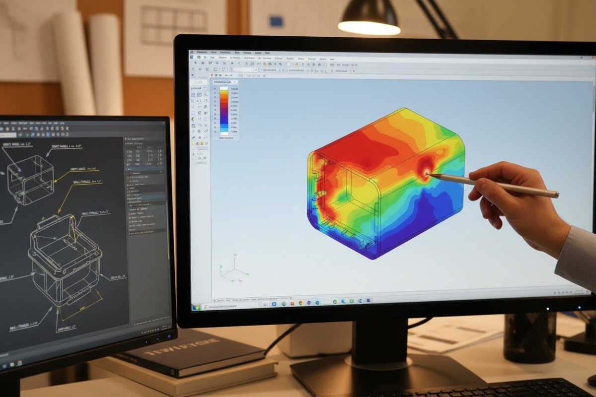 Professional engineer reviewing digital part design and mold flow simulation for manufacturing optimization (ID#4)