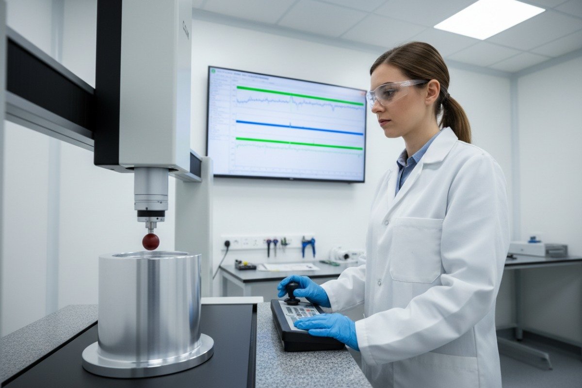 Quality control inspection using CMM equipment to ensure tight tolerances for metal components (ID#5)