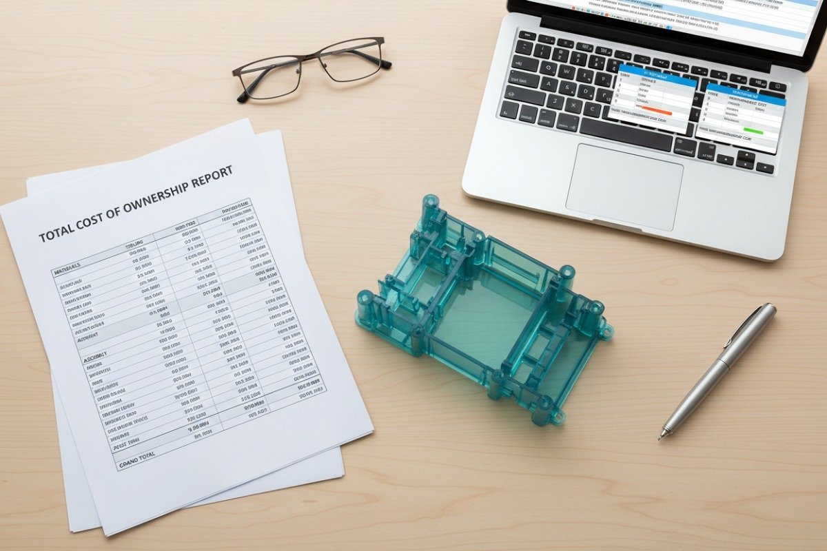 Presentación plana profesional de componentes de plástico que representan precios justos y costo total de propiedad (ID#5)