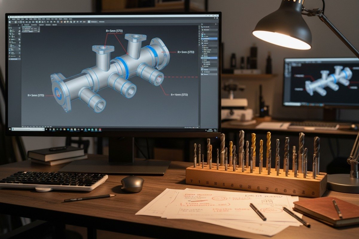 Industrial designer optimizing part designs on a workstation to lower manufacturing expenses (ID#5)
