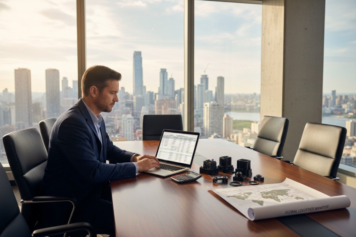 Professional boardroom discussion evaluating total cost of ownership and shipping for manufacturing quotes. (ID#5)