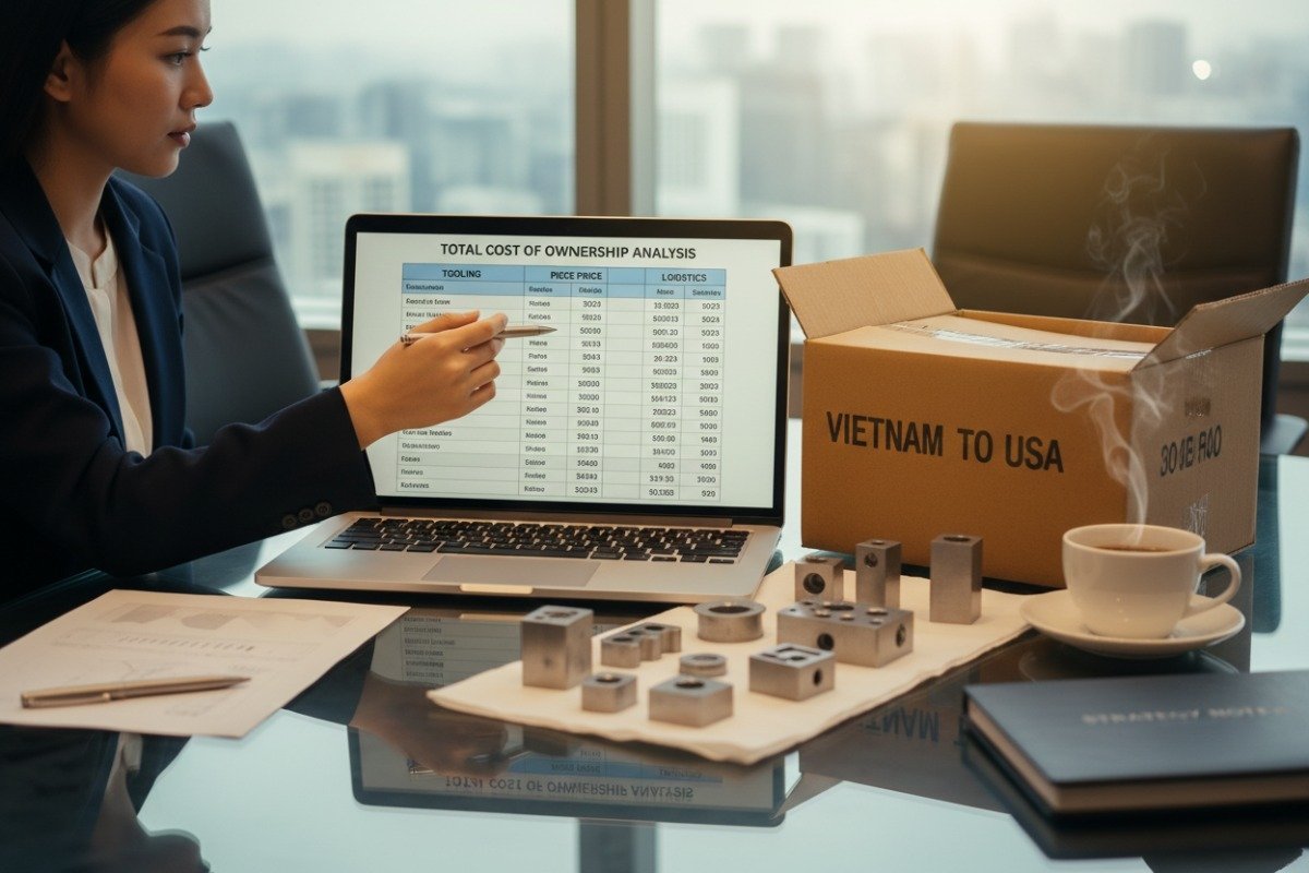 Professionals in a business meeting comparing stamping quotes to determine total cost of ownership (ID#5)
