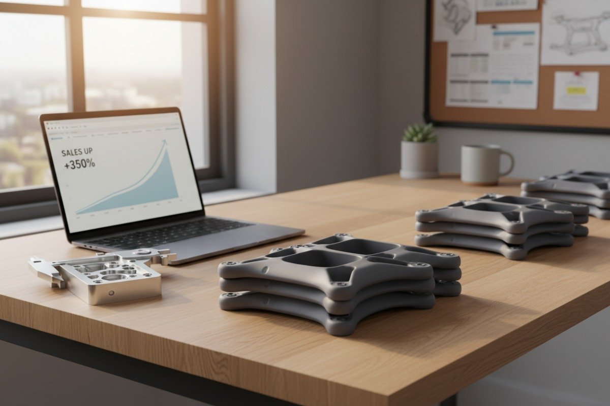 Espace de travail d'un designer professionnel validant la demande du marché avec des pièces moulées par injection en faible volume de qualité production (ID#5)