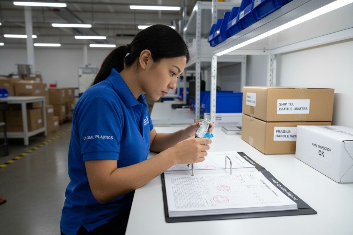 Professional quality inspection station evaluating precision parts from a small batch molding partner (ID#5)