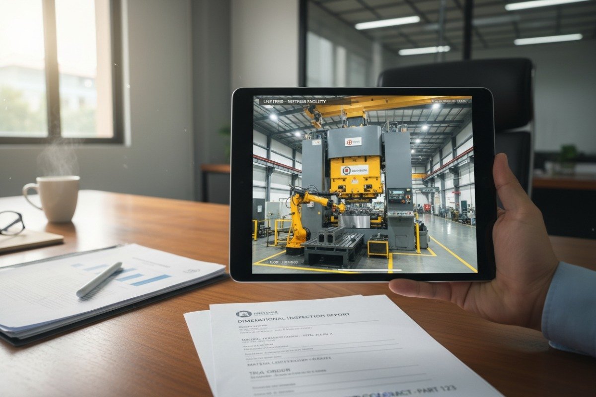 Professional using tablet to verify manufacturer technical capabilities and equipment press capacities (ID#5)