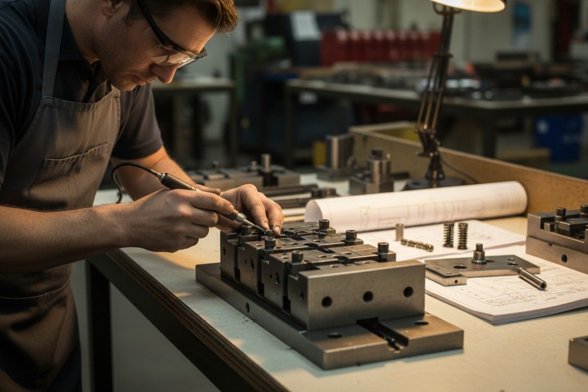 Detailed close-up of a complex multi-station progressive die showing expert tooling design (ID#5)
