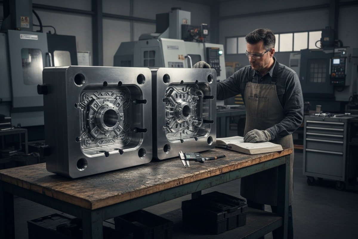 Specialized workshop technician examining high-grade steel molds for long-term overmolding tooling durability (ID#5)