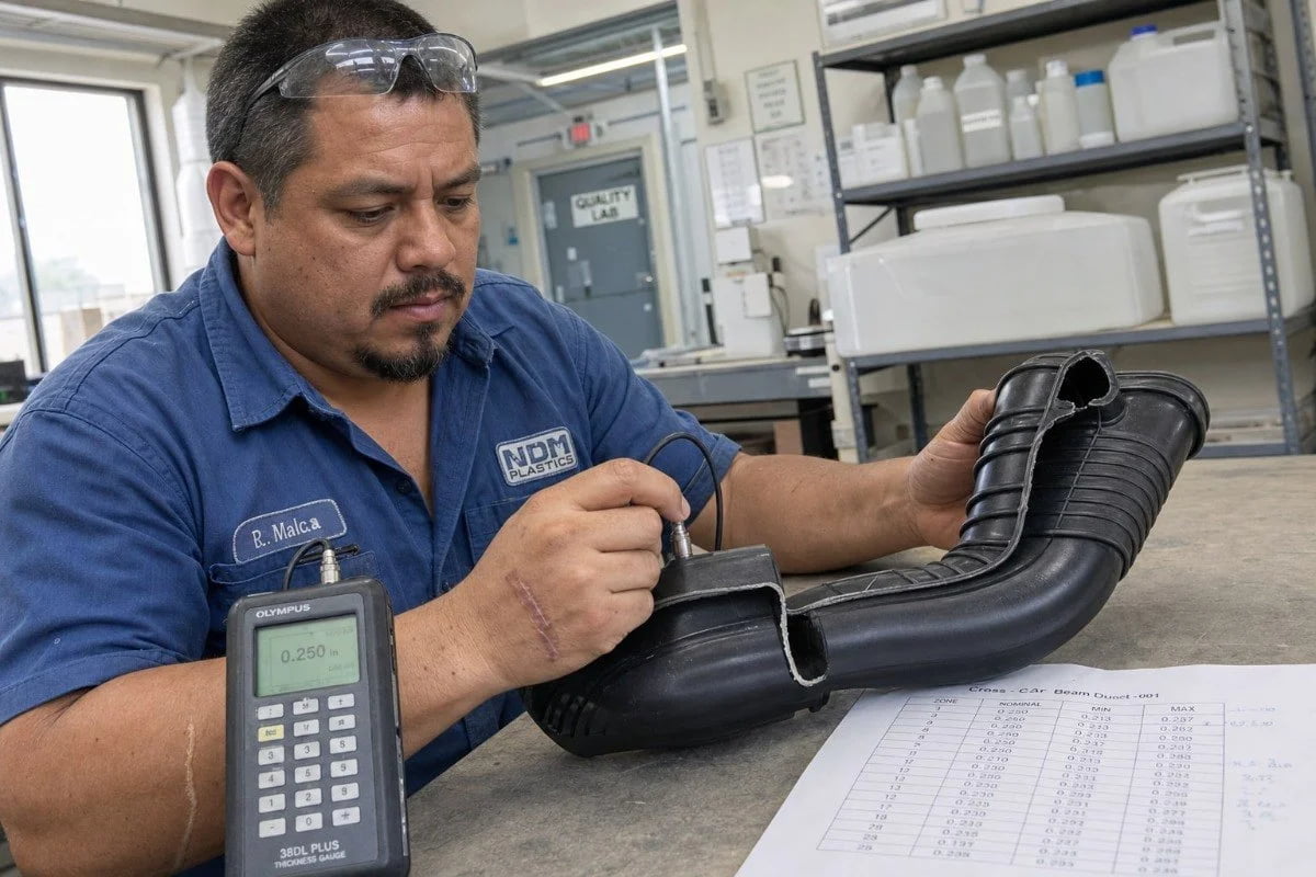 Worker checking wall thickness gauge on automotive blow molded component in factory (ID#2)