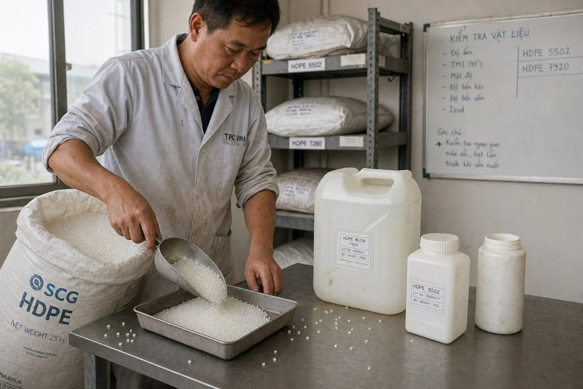 Lab technician examining resin pellets used for automotive blow molding materials selection (ID#4)